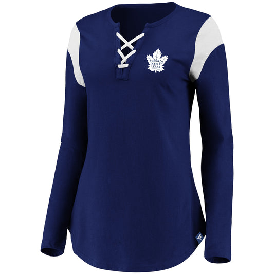 Women's Toronto Maple Leafs Fanatics Branded Iconic Long Sleeve Lace-Up V-Neck T-Shirt - Blue - Pro League Sports Collectibles Inc.