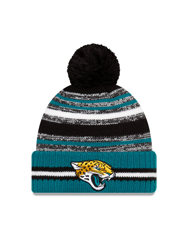 Jacksonville Jaguars New Era 2021 NFL Sideline - Sport Official Pom Cuffed Knit Hat - Teal/Black - Pro League Sports Collectibles Inc.