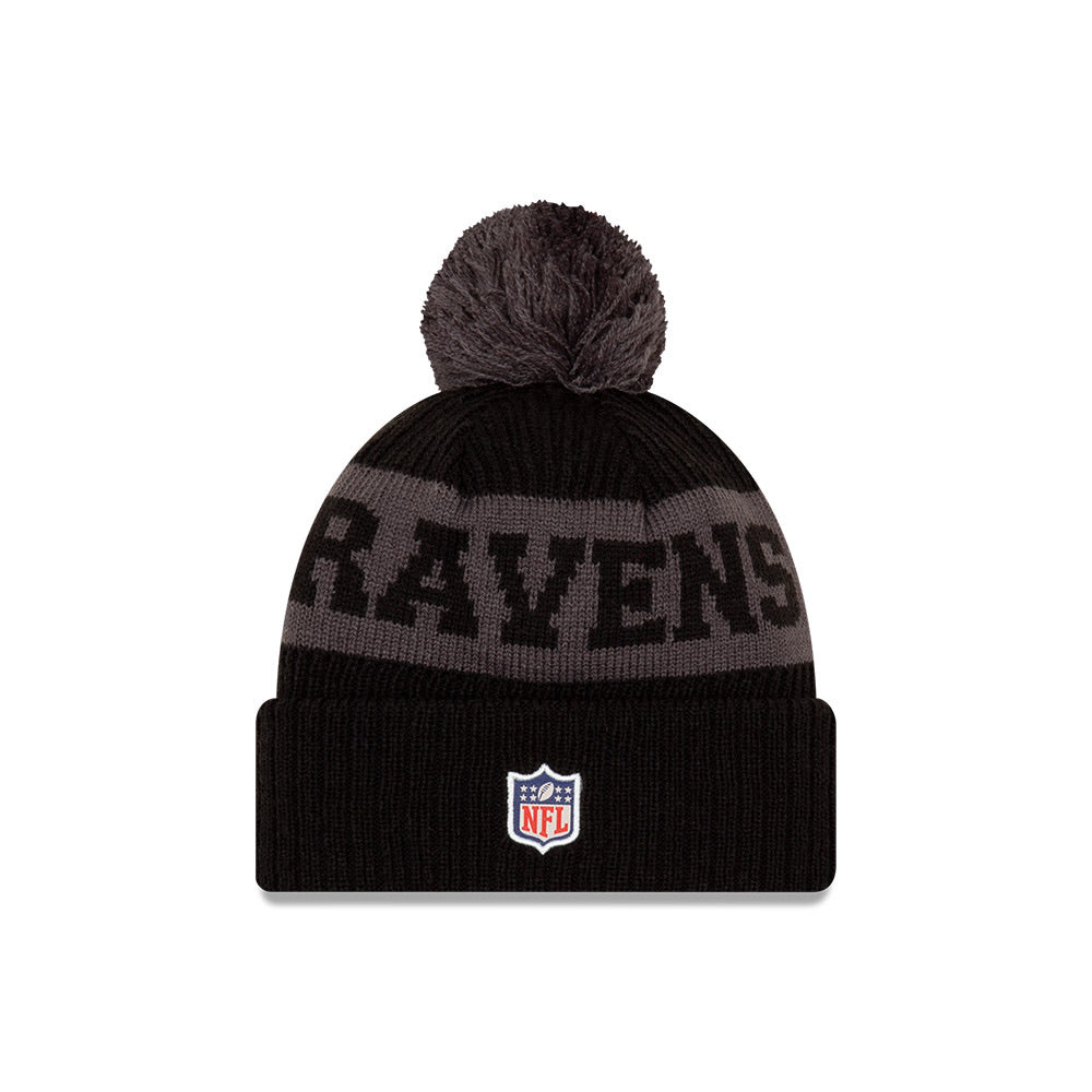 Baltimore Ravens New Era Black/Graphite 2020 NFL Sideline - Official Sport Pom Cuffed Knit Toque - Pro League Sports Collectibles Inc.