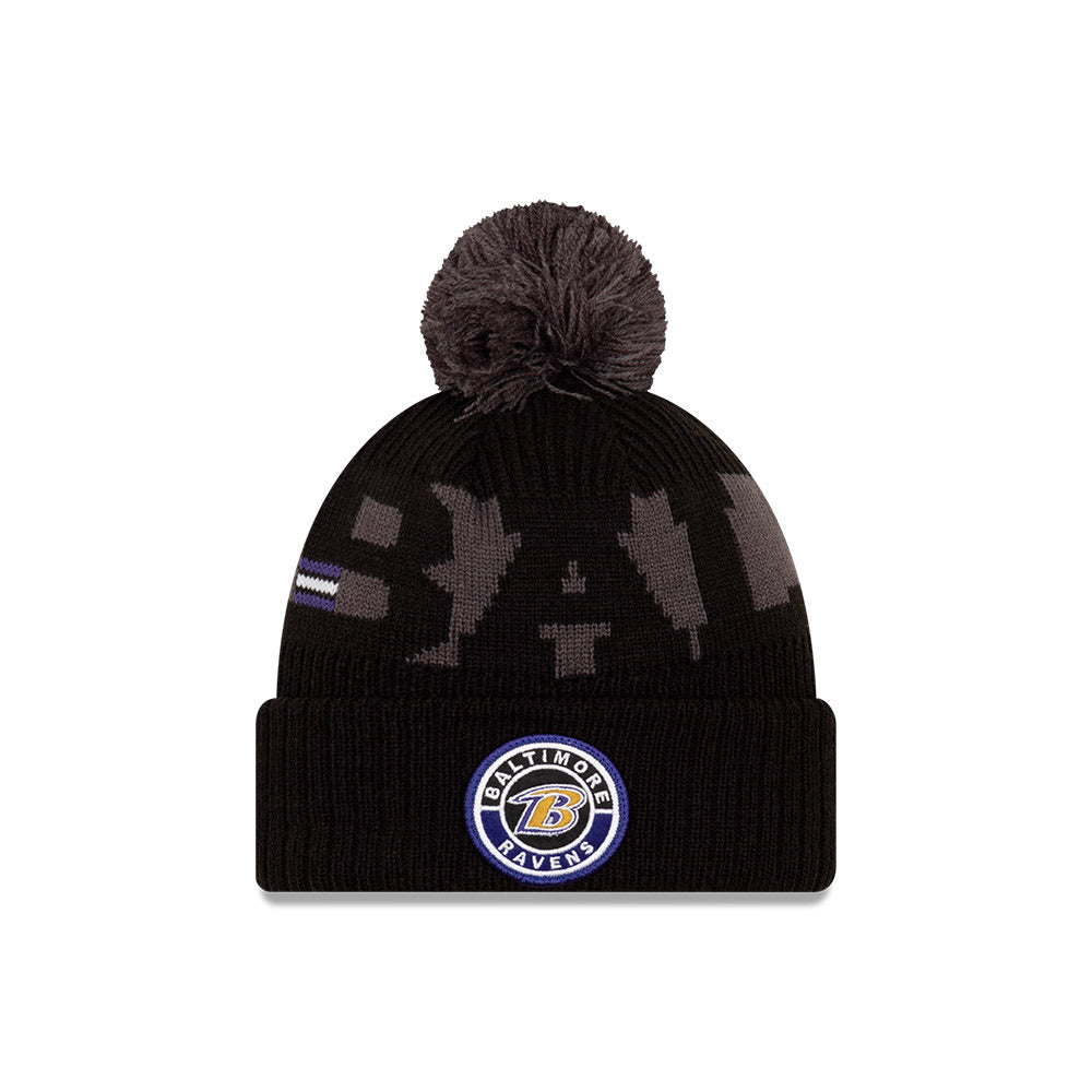 Baltimore Ravens New Era Black/Graphite 2020 NFL Sideline - Official Sport Pom Cuffed Knit Toque - Pro League Sports Collectibles Inc.