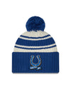 Indianapolis Colts New Era 2022 Sideline - Sport Cuffed Pom Knit Hat - Cream/Blue - Pro League Sports Collectibles Inc.