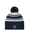 Dallas Cowboys New Era 2022 Sideline - Sport Cuffed Pom Knit Hat - Cream/Navy - Pro League Sports Collectibles Inc.