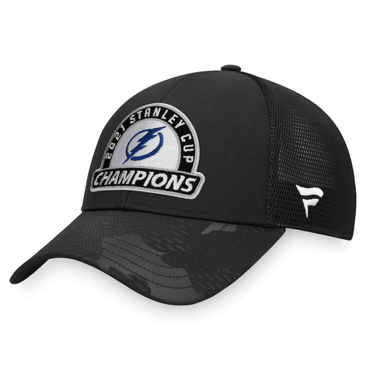 Tampa Bay Lightning Fanatics Branded Black Trucker Mesh 2021 Stanley Cup Champions - Locker Room Adjustable Hat - Pro League Sports Collectibles Inc.