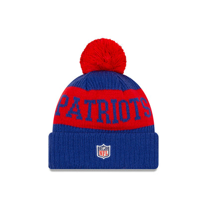 New England Patriots New Era Royal/Red 2020 NFL Sideline - Official Alternate Logo Sport Pom Cuffed Knit Toque - Pro League Sports Collectibles Inc.