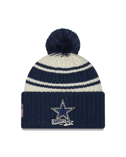 Dallas Cowboys New Era 2022 Sideline - Sport Cuffed Pom Knit Hat - Cream/Navy - Pro League Sports Collectibles Inc.