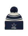 Dallas Cowboys New Era 2022 Sideline - Sport Cuffed Pom Knit Hat - Cream/Navy - Pro League Sports Collectibles Inc.