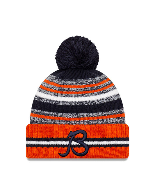 Chicago Bears B Logo New Era 2021 NFL Sideline - Sport Official Pom Cuffed Knit Hat - Orange/Navy - Pro League Sports Collectibles Inc.