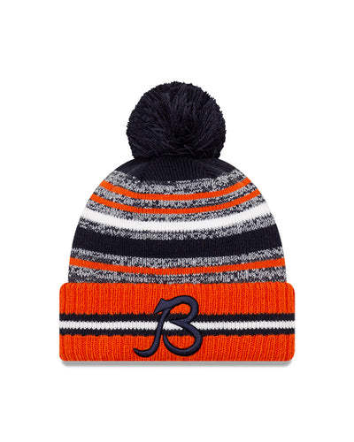 Chicago Bears B Logo New Era 2021 NFL Sideline - Sport Official Pom Cuffed Knit Hat - Orange/Navy - Pro League Sports Collectibles Inc.