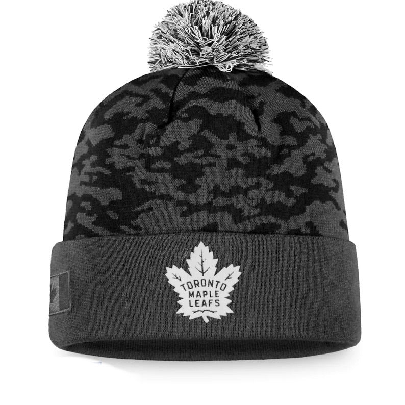 Toronto Maple Leafs Fanatics Branded Charcoal Military Appreciation Cuffed Knit Hat with Pom - Pro League Sports Collectibles Inc.