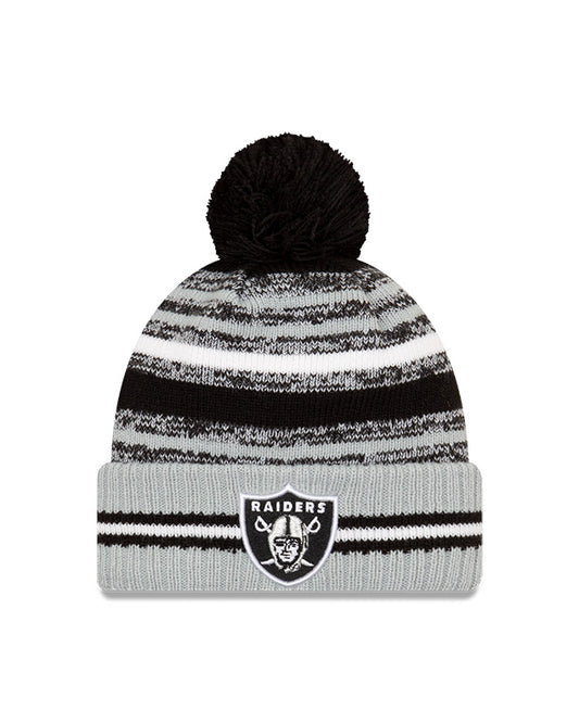 Las Vegas Raiders New Era 2021 NFL Sideline - Sport Official Pom Cuffed Knit Hat - Gray/Black - Pro League Sports Collectibles Inc.