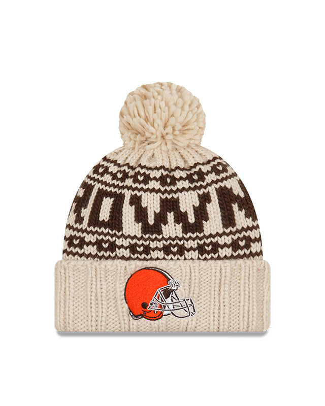 Women's Cleveland Browns New Era 2021 NFL Sideline Pom Cuffed Knit Hat - Natural - Pro League Sports Collectibles Inc.