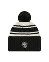 Las Vegas Raiders New Era 2022 Sideline - Sport Cuffed Pom Knit Hat - Cream/Black - Pro League Sports Collectibles Inc.