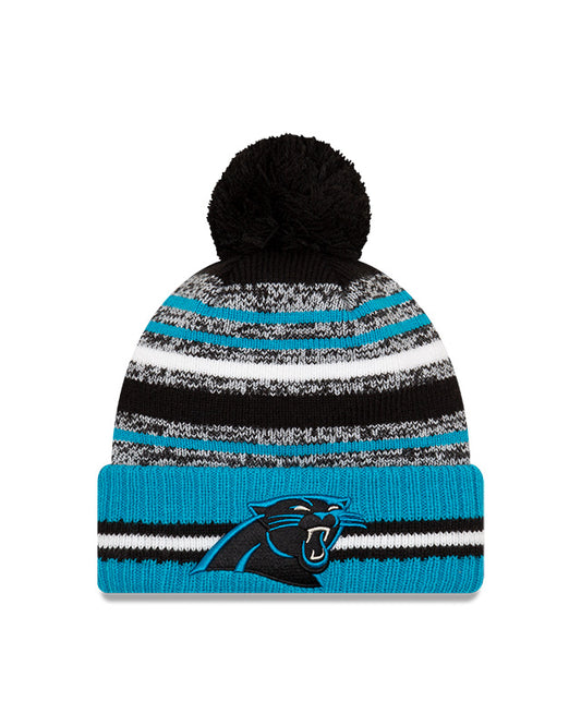 Carolina Panthers New Era 2021 NFL Sideline - Sport Official Pom Cuffed Knit Hat - Blue Carolina/Black - Pro League Sports Collectibles Inc.