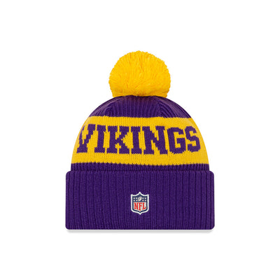 Minnesota Vikings New Era Purple/Gold 2020 NFL Sideline - Official Sport Pom Cuffed Knit Toque - Pro League Sports Collectibles Inc.