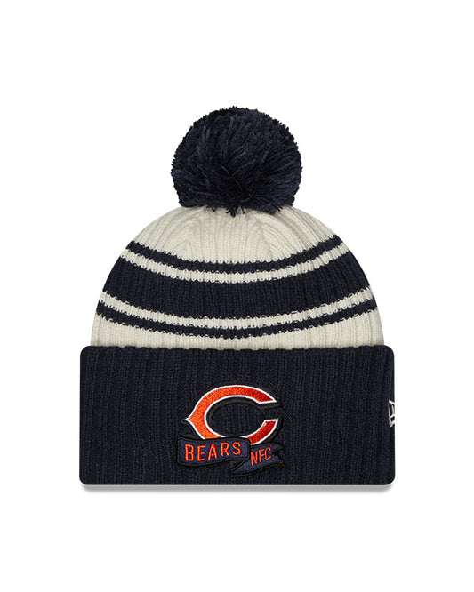 Chicago Bears "C" New Era 2022 Sideline - Sport Cuffed Pom Knit Hat - Cream/Navy - Pro League Sports Collectibles Inc.