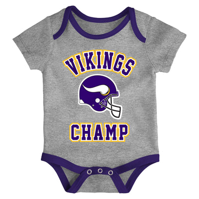 Infant Minnesota Vikings Gold/Purple/Heathered Gray Champ 3-Piece Bodysuit Set - Pro League Sports Collectibles Inc.