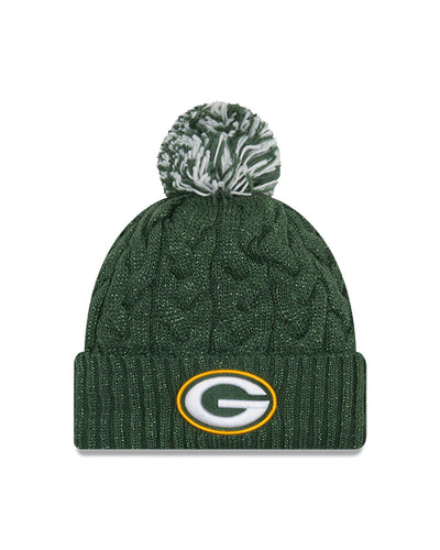 Women’s Green Bay Packers New Era Cozy Cable Laser Cuff Pom Knit Toque - Pro League Sports Collectibles Inc.