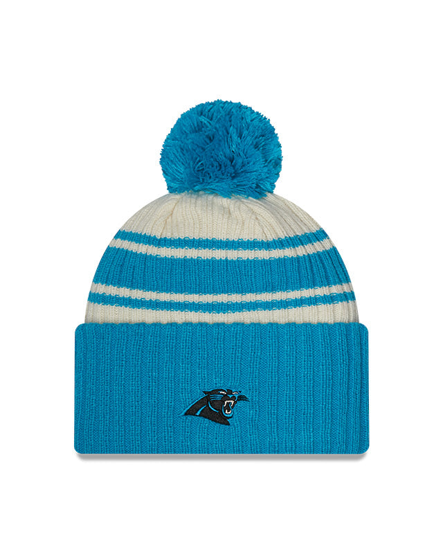 Carolina Panthers New Era 2022 Sideline - Sport Cuffed Pom Knit Hat - Cream/Blue - Pro League Sports Collectibles Inc.