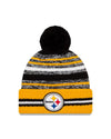 Youth Pittsburgh Steelers New Era 2021 NFL Sideline - Sport Official Pom Cuffed Knit Hat - Gold/Black - Pro League Sports Collectibles Inc.