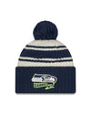 Seattle Seahawks New Era 2022 Sideline - Sport Cuffed Pom Knit Hat - Cream/Navy - Pro League Sports Collectibles Inc.