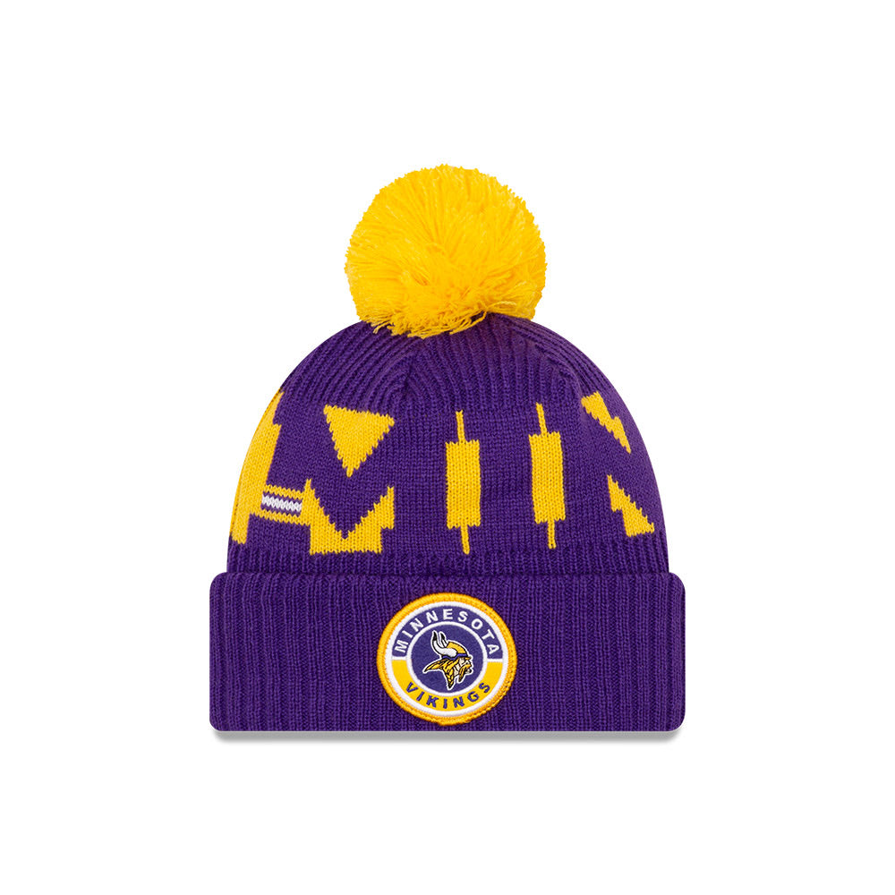 Minnesota Vikings New Era Purple/Gold 2020 NFL Sideline - Official Sport Pom Cuffed Knit Toque - Pro League Sports Collectibles Inc.