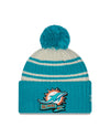 Miami Dolphins New Era 2022 Sideline - Sport Cuffed Pom Knit Hat - Cream/Black - Pro League Sports Collectibles Inc.