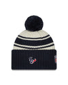 Houston Texans New Era 2022 Sideline - Sport Cuffed Pom Knit Hat - Cream/Navy - Pro League Sports Collectibles Inc.