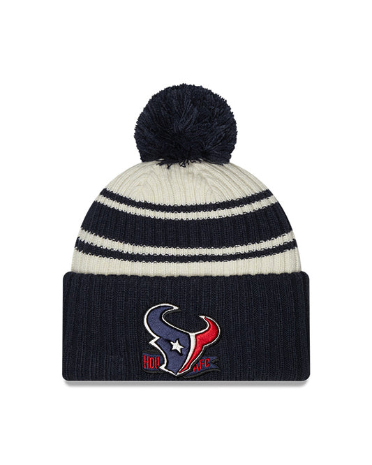 Houston Texans New Era 2022 Sideline - Sport Cuffed Pom Knit Hat - Cream/Navy - Pro League Sports Collectibles Inc.