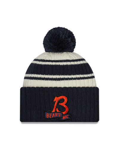 Chicago Bears "B" New Era 2022 Sideline - Sport Cuffed Pom Knit Hat - Cream/Navy - Pro League Sports Collectibles Inc.