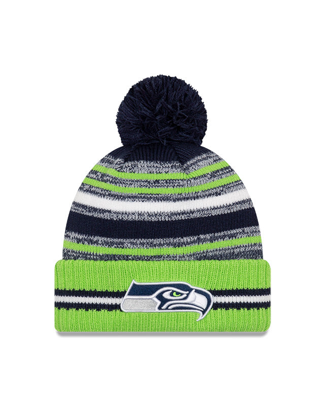 Seattle Seahawks New Era 2021 NFL Sideline - Sport Official Pom Cuffed Knit Hat - Neon/Navy - Pro League Sports Collectibles Inc.