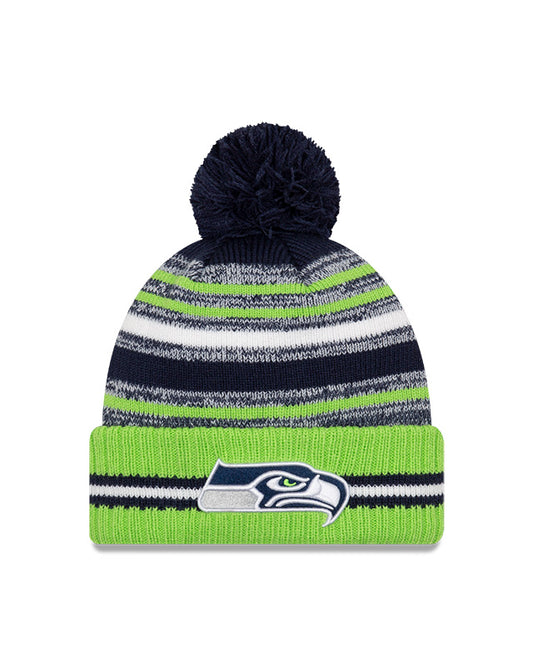 Seattle Seahawks New Era 2021 NFL Sideline - Sport Official Pom Cuffed Knit Hat - Neon/Navy - Pro League Sports Collectibles Inc.