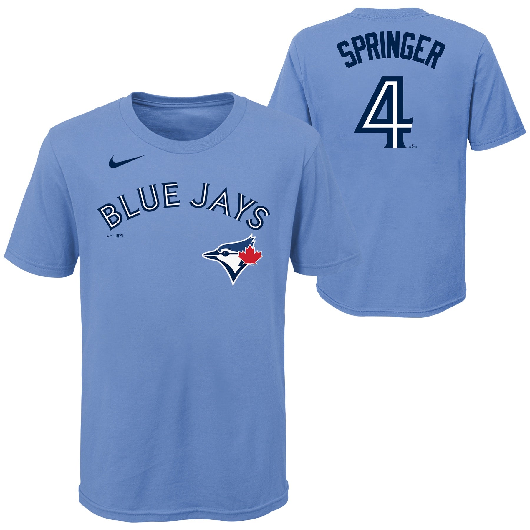 Child Toronto Blue Jays George Springer #4 Nike Powder Blue Horizon Name & Number T-Shirt - Pro League Sports Collectibles Inc.