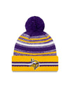 Youth Minnesota Vikings New Era 2021 NFL Sideline - Sport Official Pom Cuffed Knit Hat - Gold/Purple - Pro League Sports Collectibles Inc.