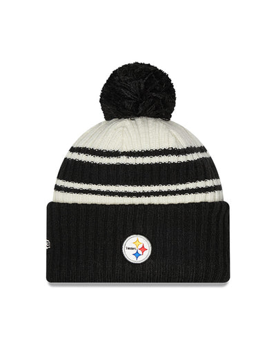Pittsburgh Steelers New Era 2022 Sideline - Sport Cuffed Pom Knit Hat - Cream/Black - Pro League Sports Collectibles Inc.
