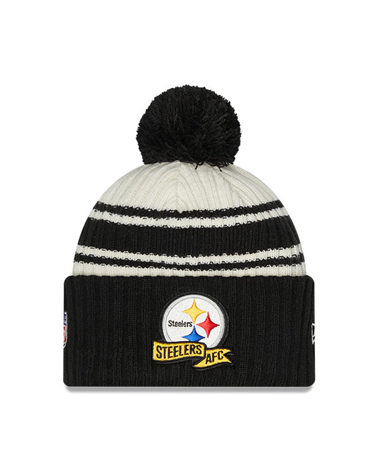 Pittsburgh Steelers New Era 2022 Sideline - Sport Cuffed Pom Knit Hat - Cream/Black - Pro League Sports Collectibles Inc.