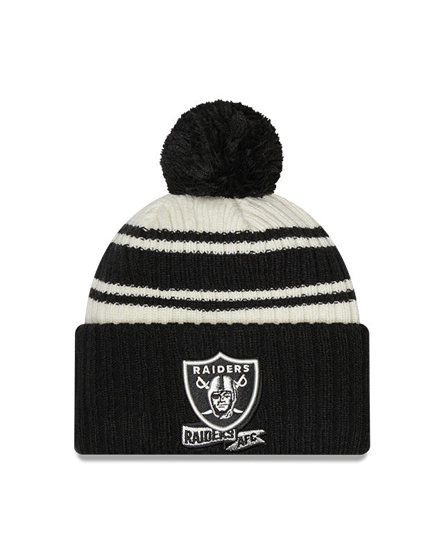 Las Vegas Raiders New Era 2022 Sideline - Sport Cuffed Pom Knit Hat - Cream/Black - Pro League Sports Collectibles Inc.