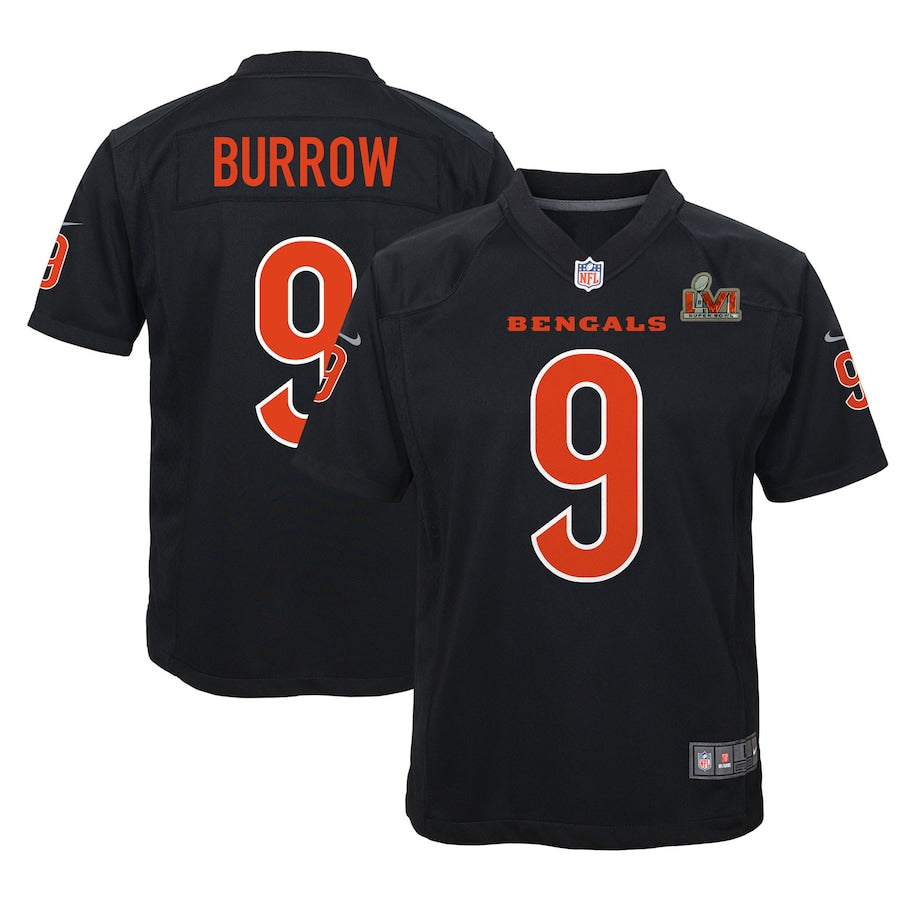 Joe Burrow 9 Cincinnati Bengals Black Nike Super Bowl LVI Patch Game Fashion Jersey SM