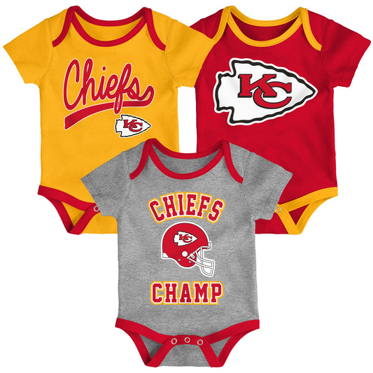 Infant Kansas City Chiefs Red/Gold/Heathered Gray Champ 3-Piece Bodysuit Set - Pro League Sports Collectibles Inc.