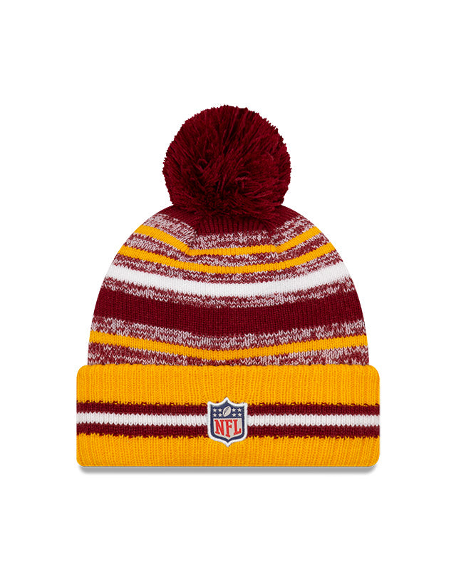 Washington W Football Team New Era 2021 NFL Sideline - Sport Official Pom Cuffed Knit Hat - Gold/Burgundy - Pro League Sports Collectibles Inc.