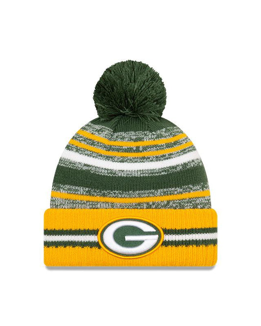 Youth Green Bay Packers New Era 2021 NFL Sideline - Sport Official Pom Cuffed Knit Hat - Yellow/Green - Pro League Sports Collectibles Inc.