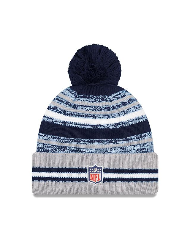 Youth Dallas Cowboys New Era 2021 NFL Sideline - Sport Official Pom Cuffed Knit Hat - Navy/Gray - Pro League Sports Collectibles Inc.