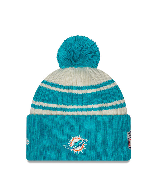 Miami Dolphins New Era 2022 Sideline - Sport Cuffed Pom Knit Hat - Cream/Black - Pro League Sports Collectibles Inc.