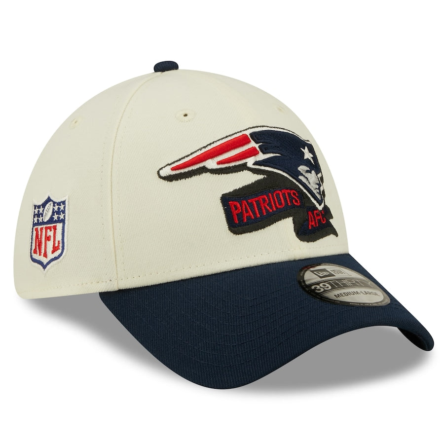 New England Patriots 2022 Sideline New Era Cream/Navy - 39THIRTY 2-Tone Flex Hat - Pro League Sports Collectibles Inc.