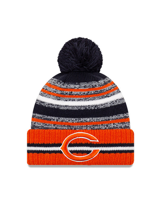 Chicago Bears C Logo New Era 2021 NFL Sideline - Sport Official Pom Cuffed Knit Hat - Orange/Navy - Pro League Sports Collectibles Inc.