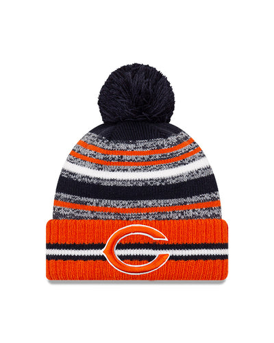 Chicago Bears C Logo New Era 2021 NFL Sideline - Sport Official Pom Cuffed Knit Hat - Orange/Navy - Pro League Sports Collectibles Inc.