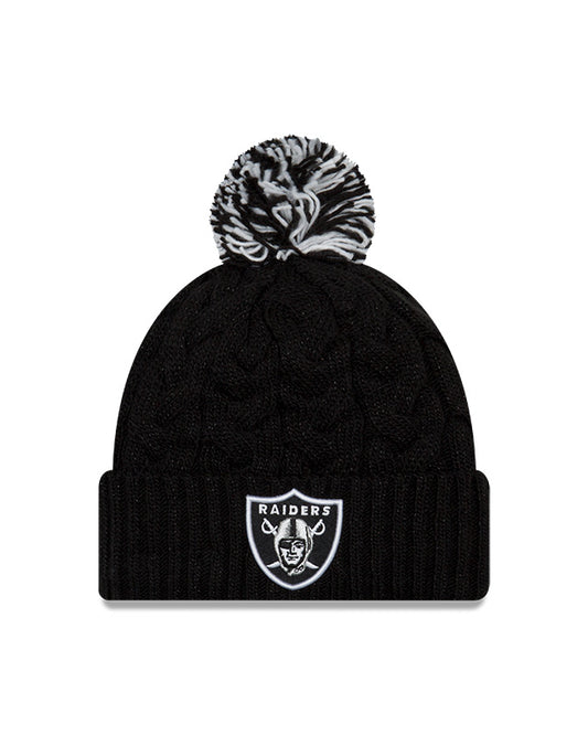 Women's Las Vegas Raiders New Era Cozy Cable Laser Cuff Pom Knit Toque - Pro League Sports Collectibles Inc.