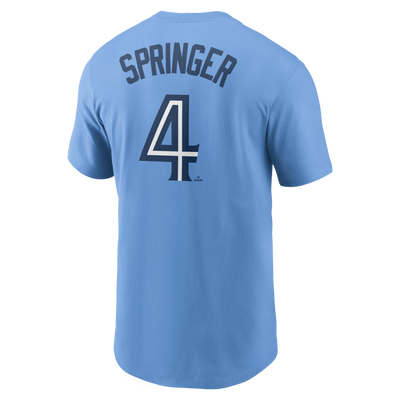 Toronto Blue Jays George Springer #4 Nike Powder Blue Horizon Name and Number T-Shirt - Pro League Sports Collectibles Inc.
