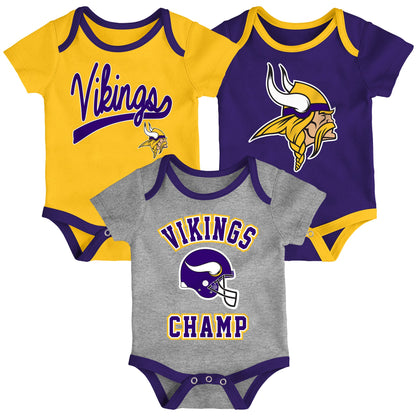 Infant Minnesota Vikings Gold/Purple/Heathered Gray Champ 3-Piece Bodysuit Set - Pro League Sports Collectibles Inc.