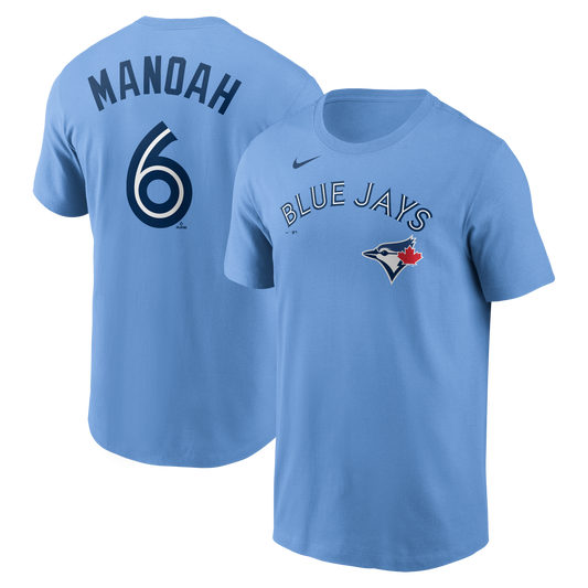 Toronto Blue Jays Alex Manoah #6 Nike Powder Blue Horizon Name and Number T-Shirt - Pro League Sports Collectibles Inc.