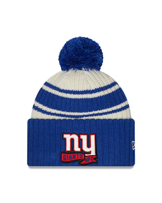 New York Giants New Era 2022 Sideline - Sport Cuffed Pom Knit Hat - Cream/Royal - Pro League Sports Collectibles Inc.